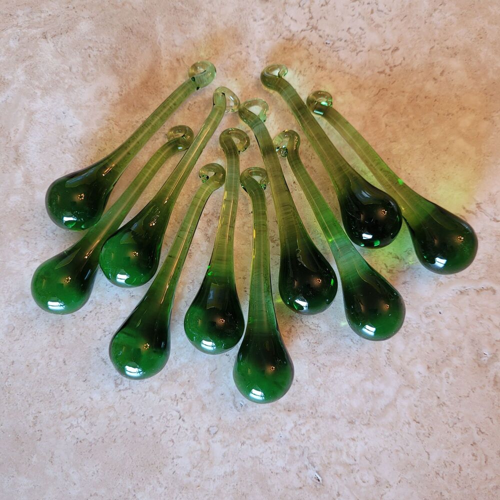 2 Sisters Artisan Glass Handmade Green Crystal Raindrop Ornaments 3" Set of 10